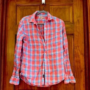 Faherty pink and blue plaid linen button down shirt